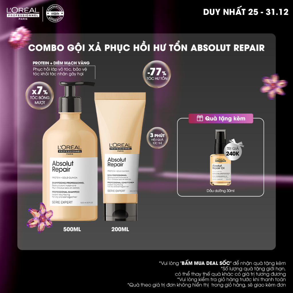 Combo Dầu Gội 500ml & Dầu Xả 200ml phục hồi hư tổn toàn diện Serie Expert Absolut Repair Gold