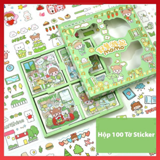 Hộp 100 tấm sticker siêu dễ thương,set sticker trang trí dán tập vở, bình nước, bút nước thiết kế đơn giản và tiện dụng