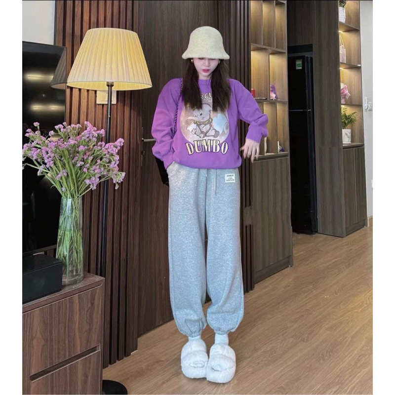 Set Bộ Nỉ Bông CIRCUS DUMBO Hình Voi, Áo Nỉ Sweater Màu Tím  Quần Jogger Ống Bo Chun