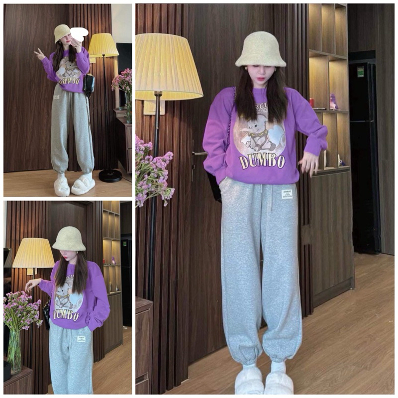 Set Bộ Nỉ Bông CIRCUS DUMBO Hình Voi, Áo Nỉ Sweater Màu Tím  Quần Jogger Ống Bo Chun