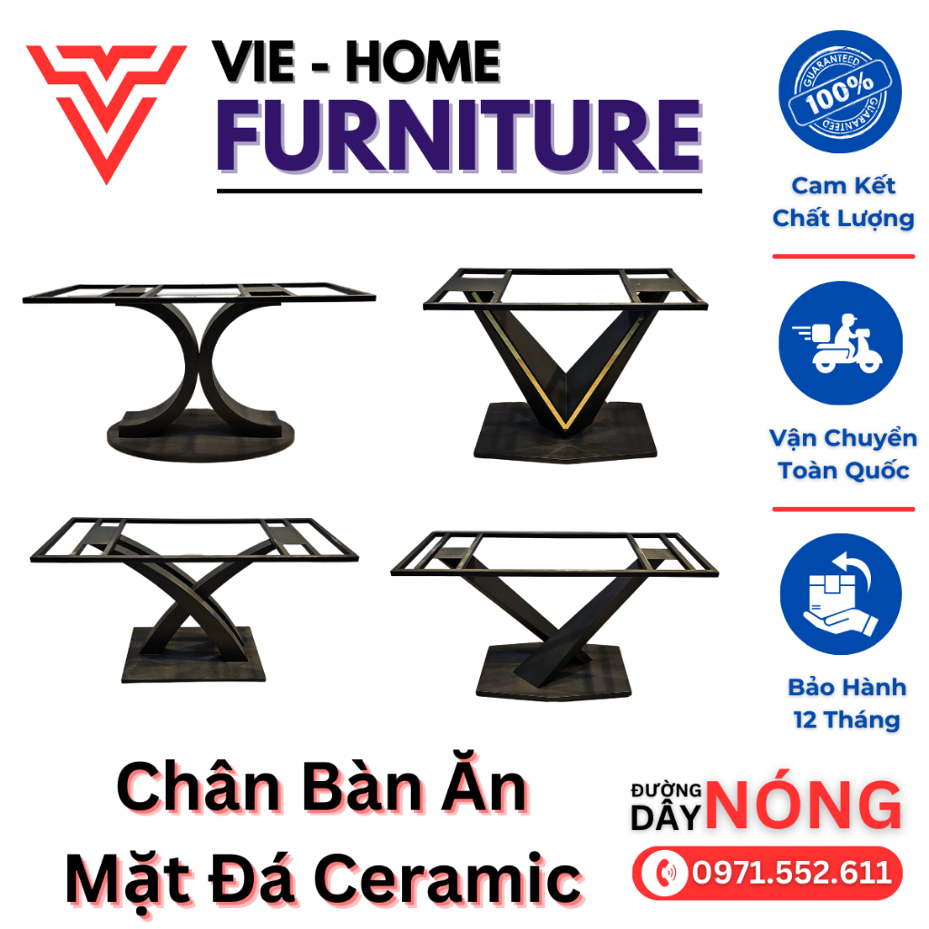 Chân Bàn Ăn, Chân Bàn Ăn Mặt Đá Ceramic, Chân Sắt Phủ Sơn Đen Tĩnh Điện, Chống Bong Chóc, Chống Oxi Hóa và Chống Bám Bẩn