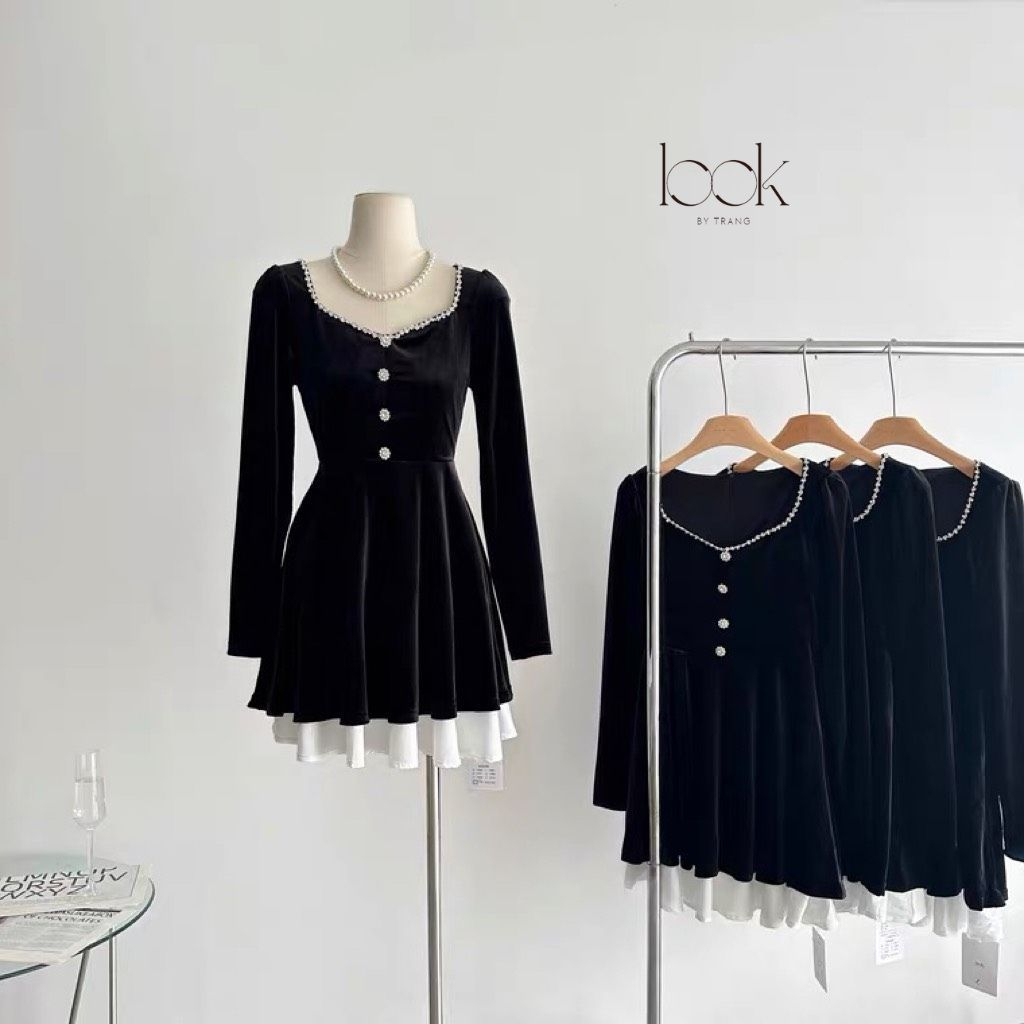 Váy nhung đính đá tiểu thư tay dài dáng xòe Look by Trang