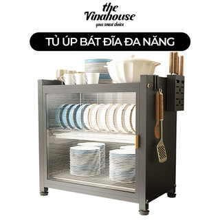 Kệ úp bát đĩa đa năng có khay đựng nước F204 thép không gỉ chống xước, Giá úp bát đĩa 2 tầng có nắp đậy- VINAHOUSE