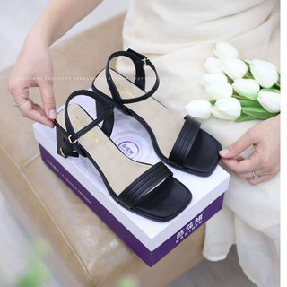 Sandal nữ cao gót đế vuông - Giày Sandal Gót Dây FS Bản Ngang Da Mềm Cao 7p QCCC Fullbox