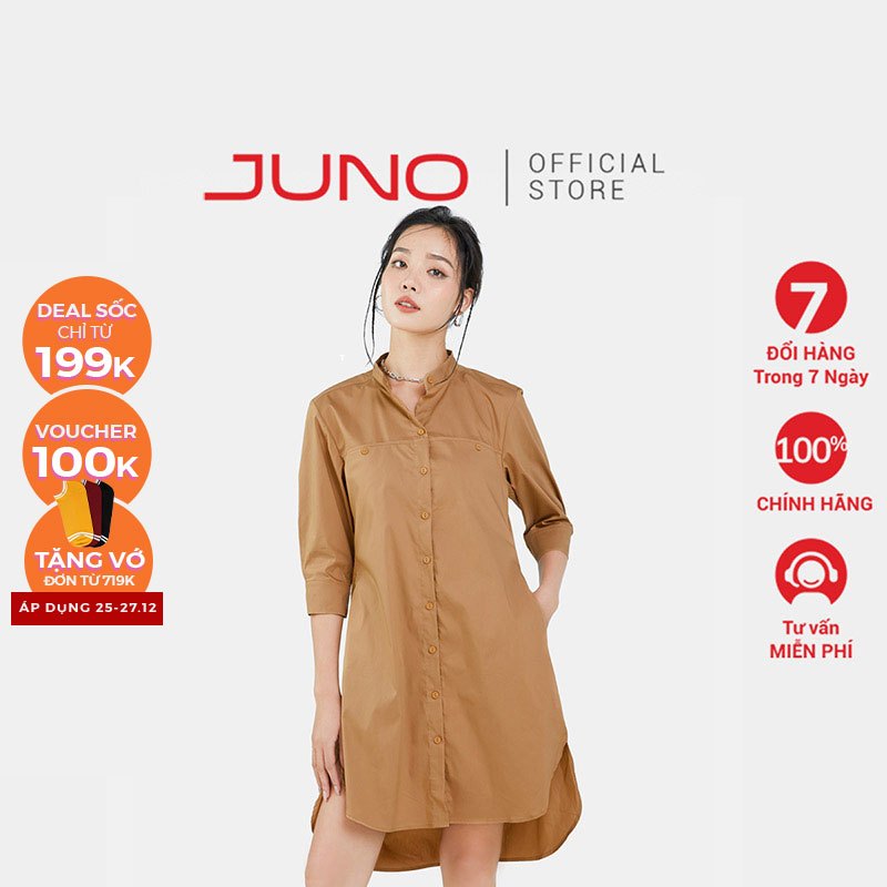 Đầm Sơ Mi Nữ Thời Trang JUNO Lửng Cotton JNDLU020