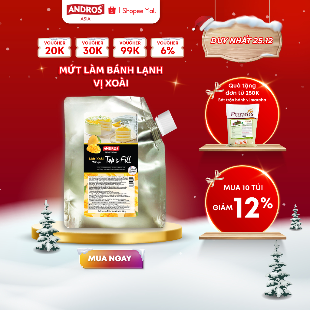 Mứt Làm Bánh Lạnh Vị Xoài - Có miếng trái cây thật - ANDROS Top & Fill - 900G
