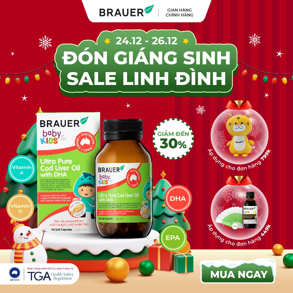 Vitamin BRAUER Baby & Kids Ultra Pure Cod Liver Oil with DHA(90 viên nang)Mới