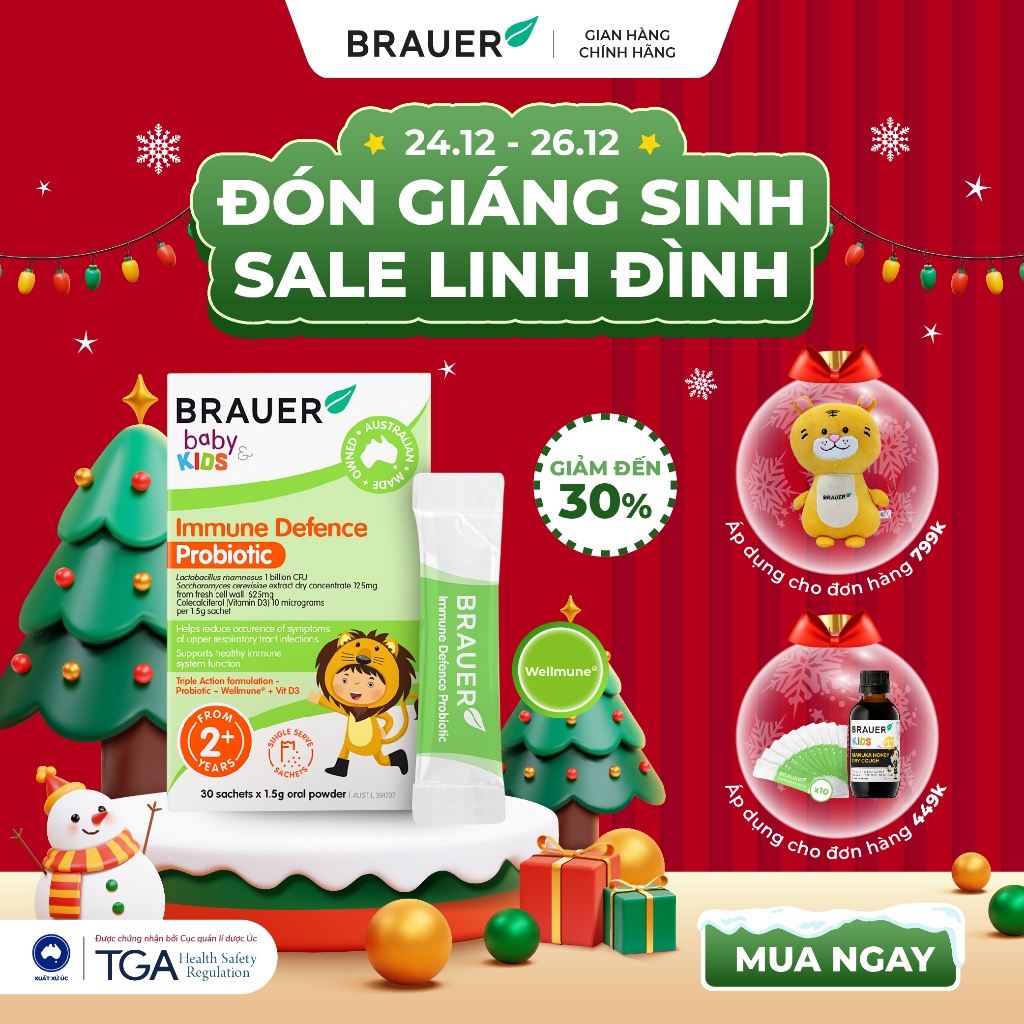 BRAUER Baby & Child IMMUNE DEFENCE PROBIOTIC-Men vi sinh hỗ trợ tăng cường sức đề kháng(30 gói)