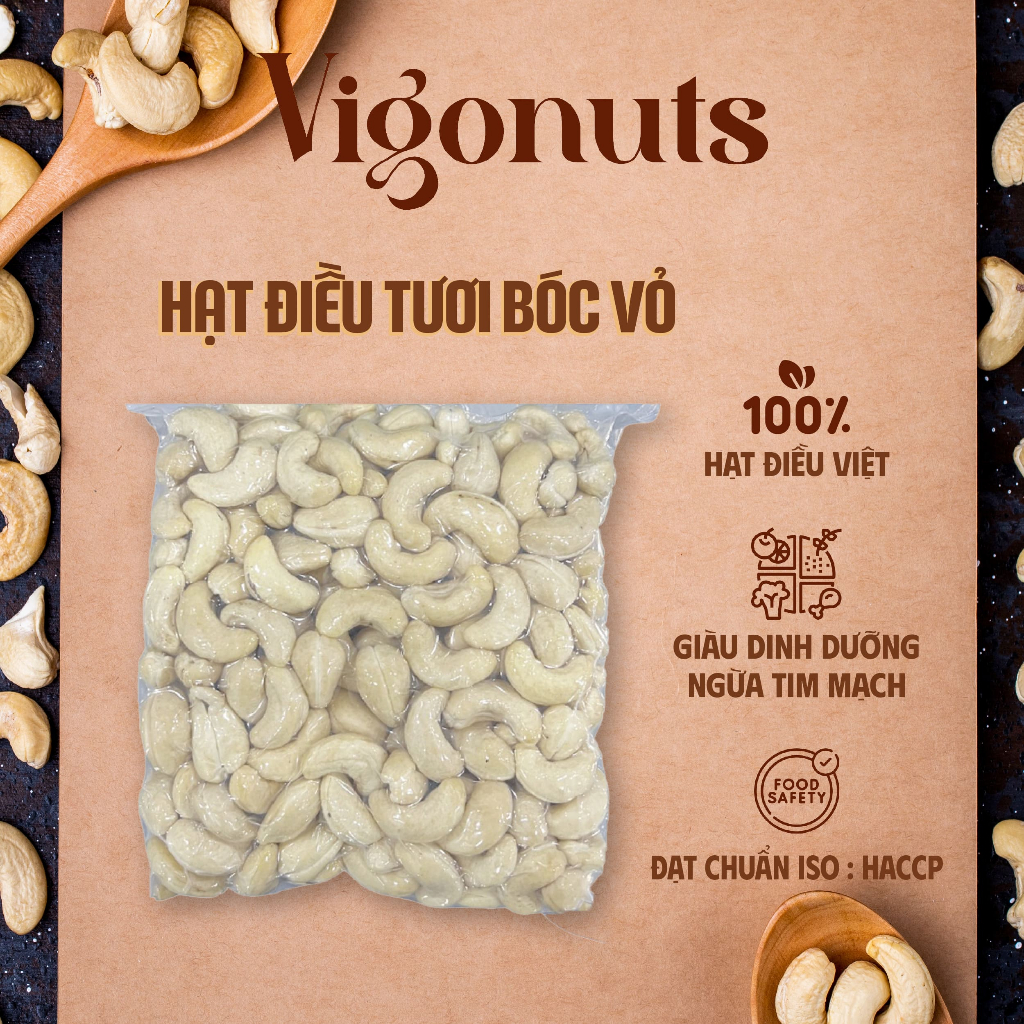 Hạt Điều Tươi Nguyên Hạt Vigonuts Đã Bóc Vỏ Nguyên Liệu Nấu Sữa Hạt Làm Bánh Túi Hút Chân Không 500g