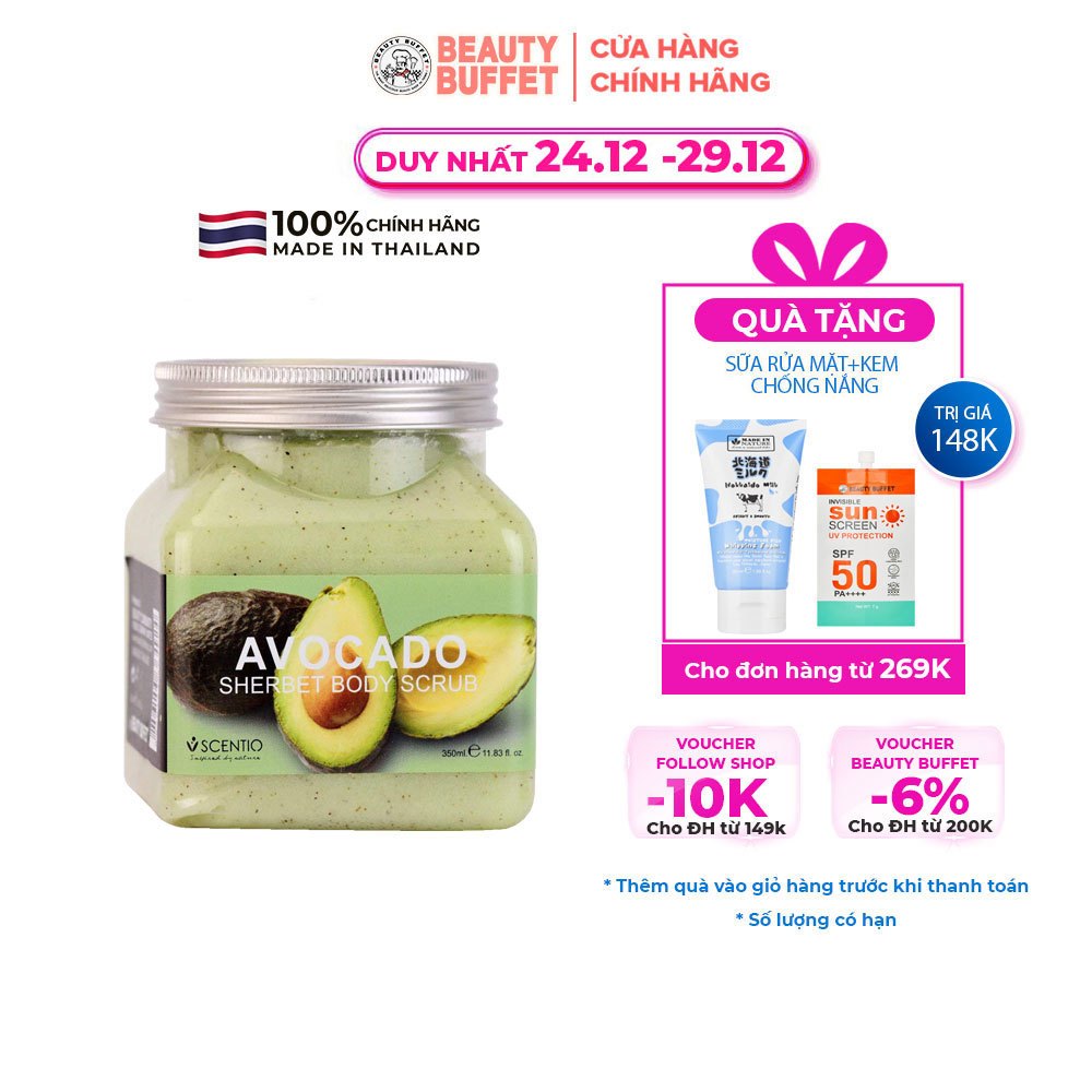 Tẩy tế bào da chết body dưỡng ẩm và sáng mịn da quả bơ Beauty Buffet Scentio Avocado Body Scrub 350ml