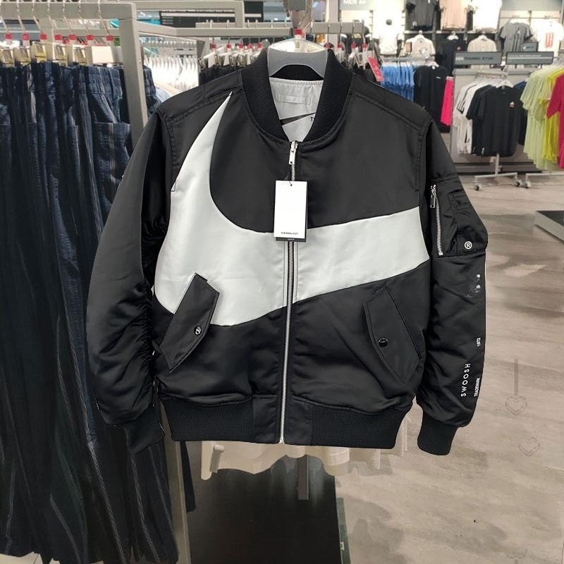 Áo Khoác Nike Bomber Swoosh Therma-FIT Contrasting Colors Large Logo Reversible Loose Aviator Padded Black | HYPEVN.