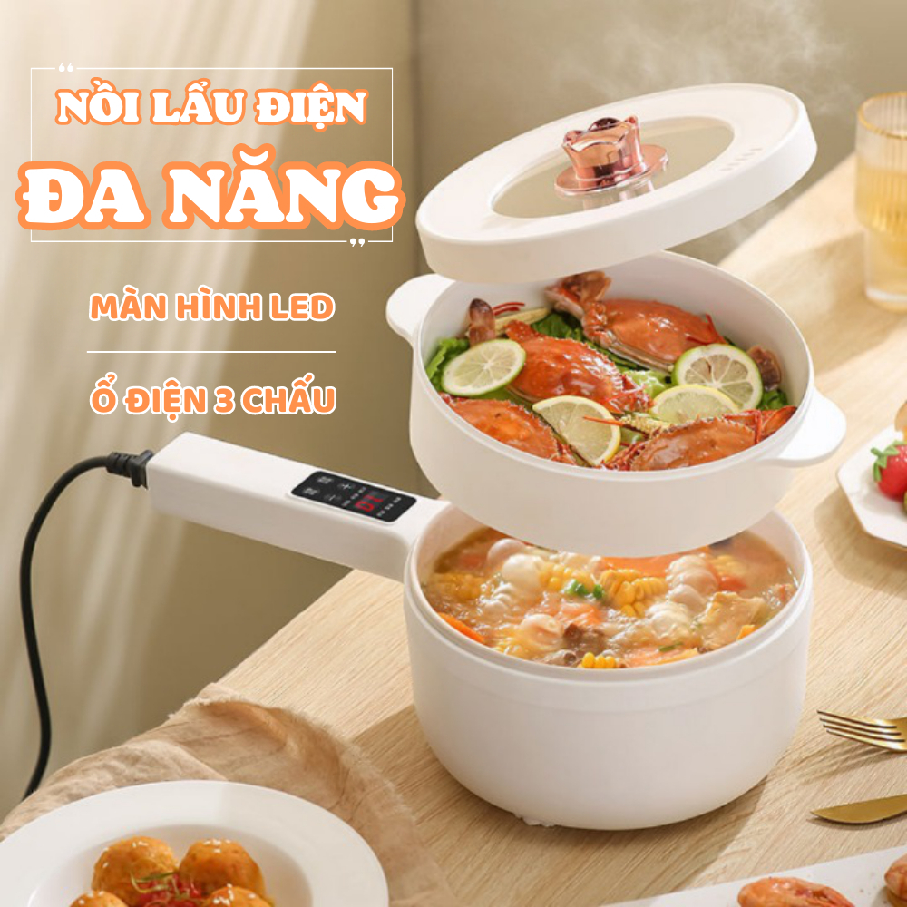Nồi Lẩu Điện Đa Năng 1.5L Điều Chỉnh Nhiệt Độ Chức Năng Nấu Tay Cầm Dài Nồi Lẩu Mini Đa Kăng Kèm Khay Hấp