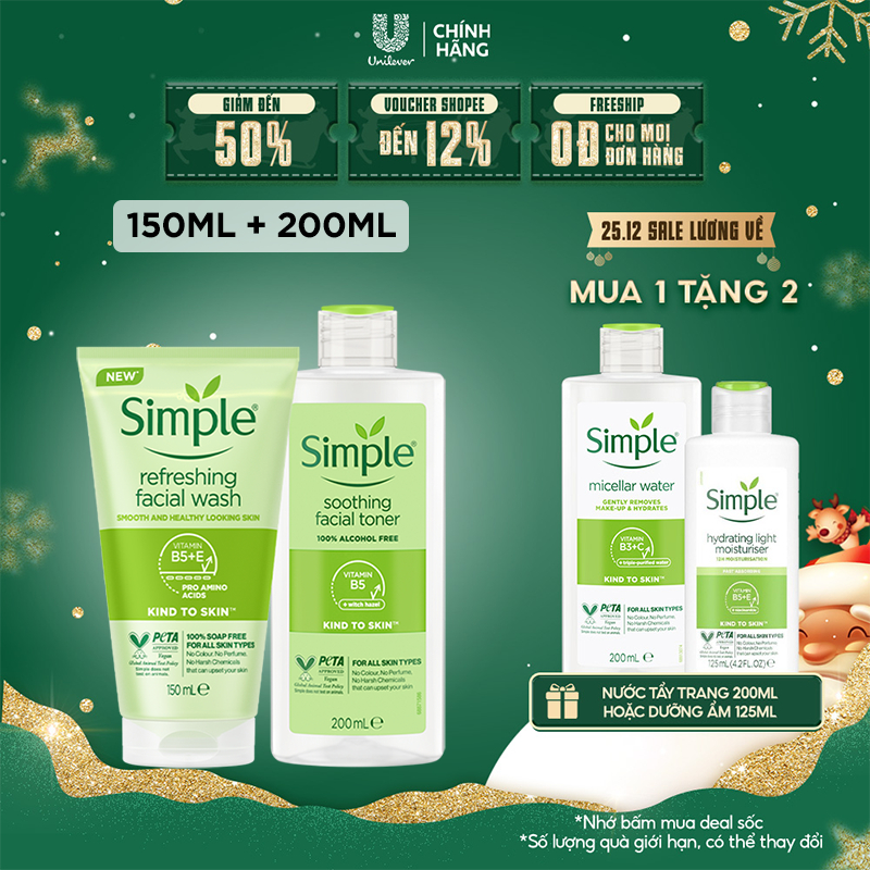 Combo Simple Sữa rửa mặt 150ml + Nước hoa hồng 200ml 