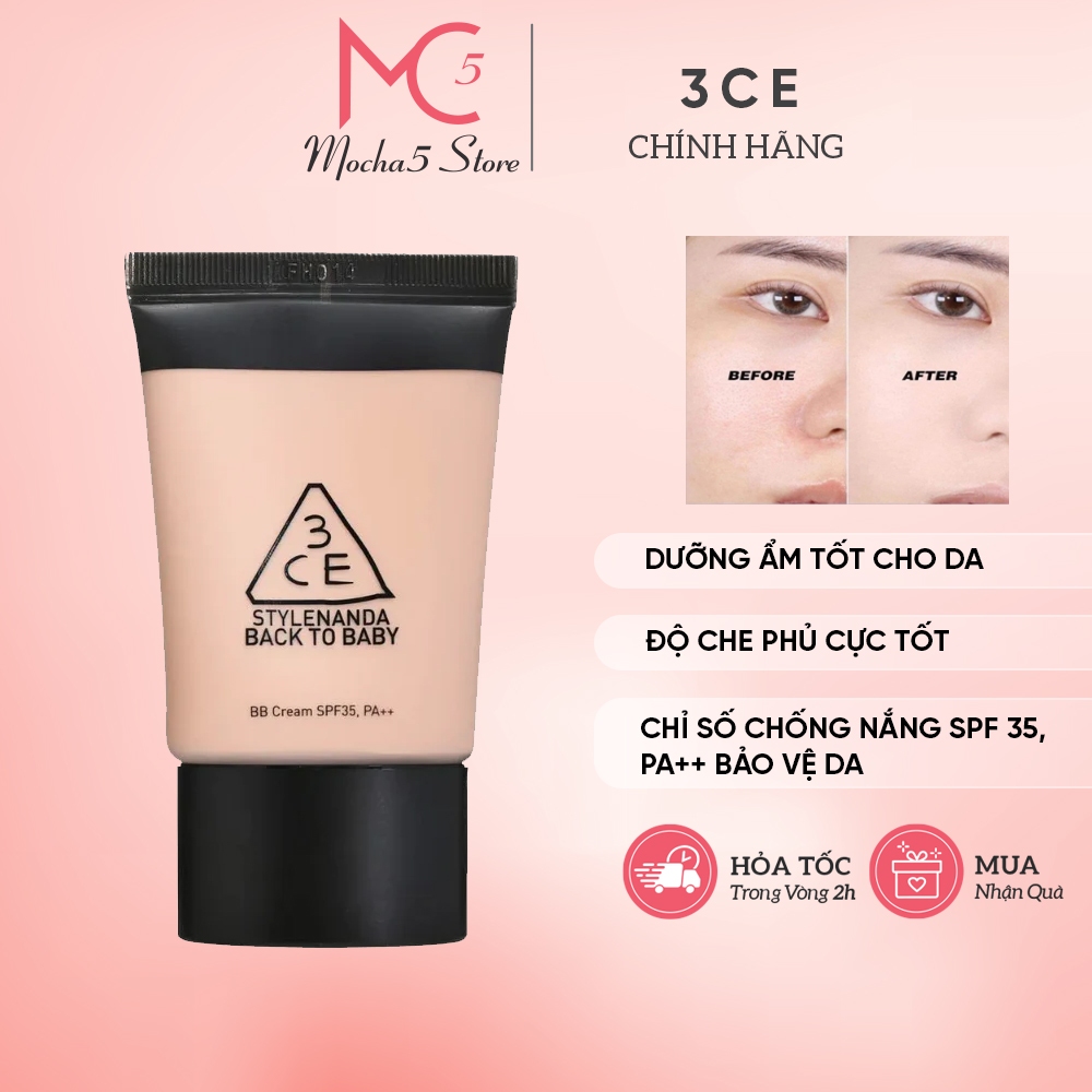 Kem nền 3CE STYLENANDA BACK TO BABY BB Cream trang điểm da hoàn hảo SPS35 PA++