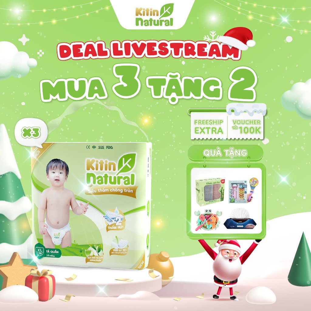 [DEAL LIVESTREAM] MUA 3 TẶNG 2 - Combo 3 bịch Kitin Natural tã quần kháng khuẩn, chống hăm