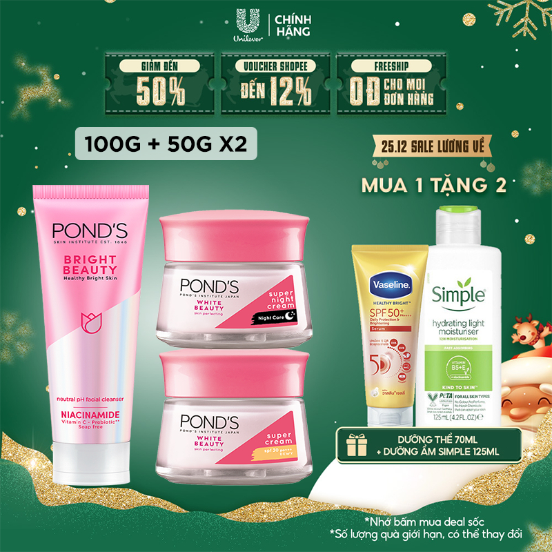 Combo Sữa rửa mặt 3X sáng mướt và Kem dưỡng sáng mịn ngày và đêm POND'S Bright Beauty (100g & 50gx2)