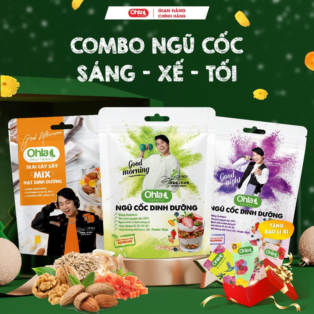 Ngũ cốc dinh dưỡng ăn tối Oatmeal Karik x Ohla yến mạch, hạnh nhân, trái cây sấy dẻo 40g và 180g