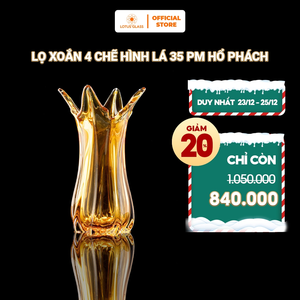 Lọ Xoắn 4 Chẽ Hình Lá Hổ Phách Thuỷ Tinh LOTUS GLASS Hàng Cao Cấp Chính Hãng, mã PM108/1/35/HOPHACH