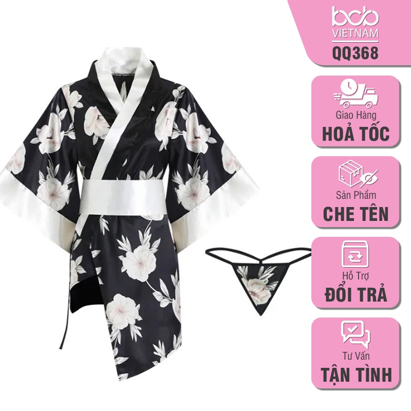 Áo choàng ngủ kimono lụa hoa anh đào kèm quần lọt khe gợi cảm sexy sang trọng freesize QQ368