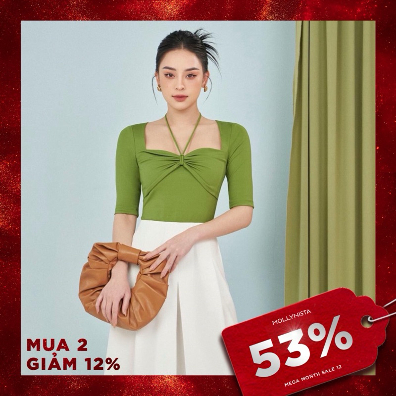 MOLLYNISTA (SALE 53%)(ORIGINAL) Áo thiết kế Rina thun khoét cổ có tay quyến rũ nữ tính cao cấp đi chơi đi tiệc