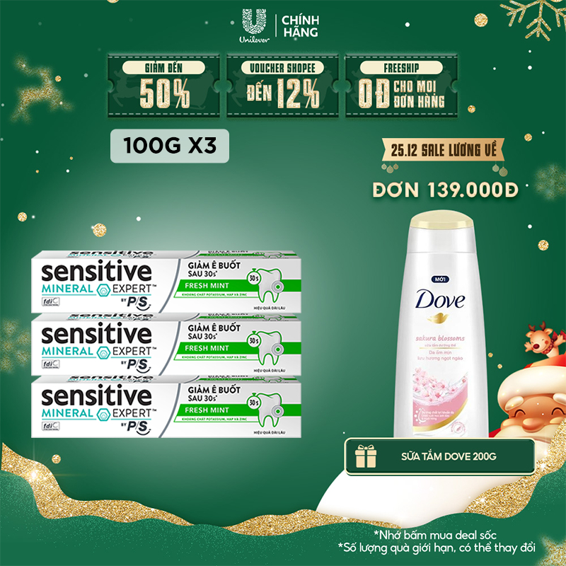 Bộ 3 Hộp Kem đánh răng P/S giảm ê buốt sau 30 giây Sensitive Mineral Expert Fresh Mint với tác động từ khoáng 100g