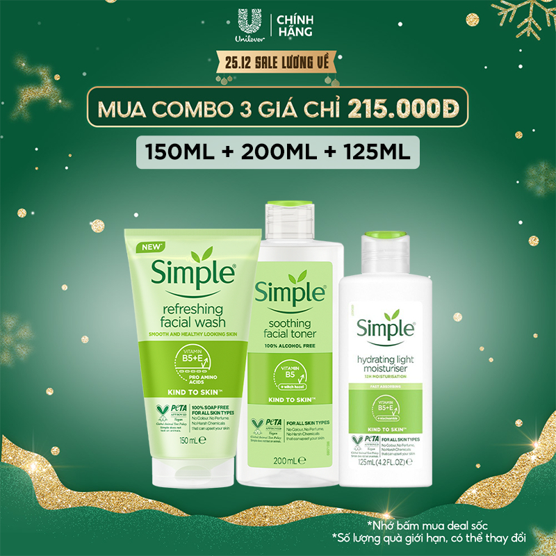 Combo Simple Sữa rửa mặt 150ml + Nước hoa hồng 200ml + Sữa dưỡng dạng sữa 125ml