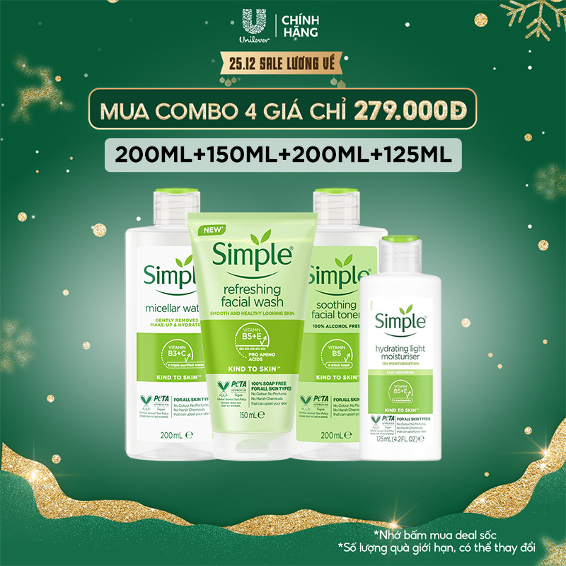 Combo Simple Nước tẩy trang 200ml + Sữa rửa mặt 150ml + Nước hoa hồng 200ml + Sữa dưỡng dạng sữa 125ml