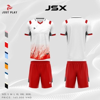 Just Play JSX trắng đỏ, quần áo bóng đá thiết kế, đồ đá banh không logo, in áo bóng đá theo yêu cầu, HUNGSPORT TN