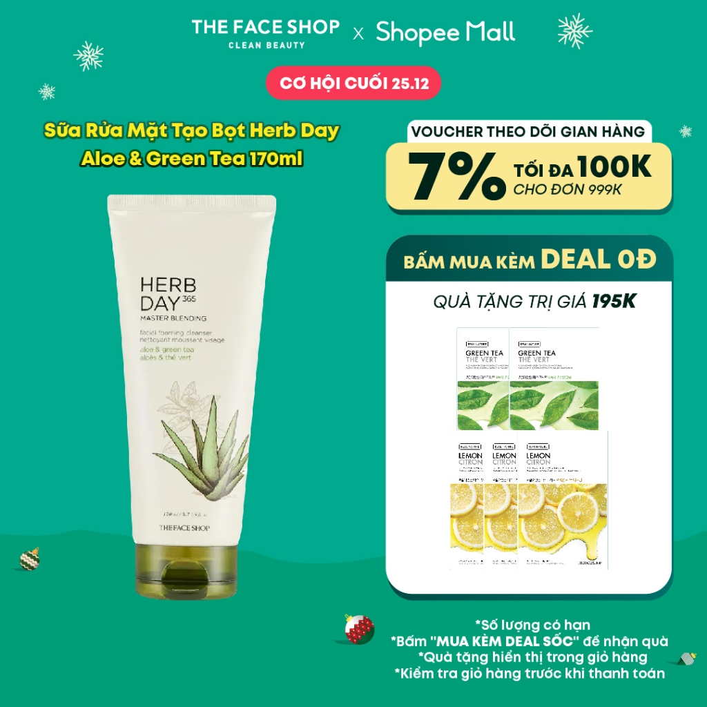 Sữa Rửa Mặt Tạo Bọt Thefaceshop Herb Day 365 Master Blending Aloe&Greentea 170ml