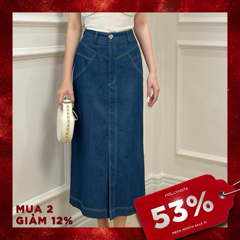 MOLLYNISTA (SALE 53%) Váy thiết kế jeans xẻ giữa nút bạc cao cấp thanh lịch nữ tính form ôm tôn dáng