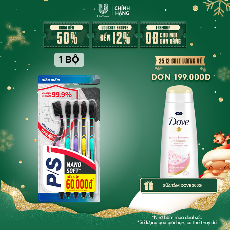 Bộ 5 bàn chải P/S than bạc kháng khuẩn 99.9%