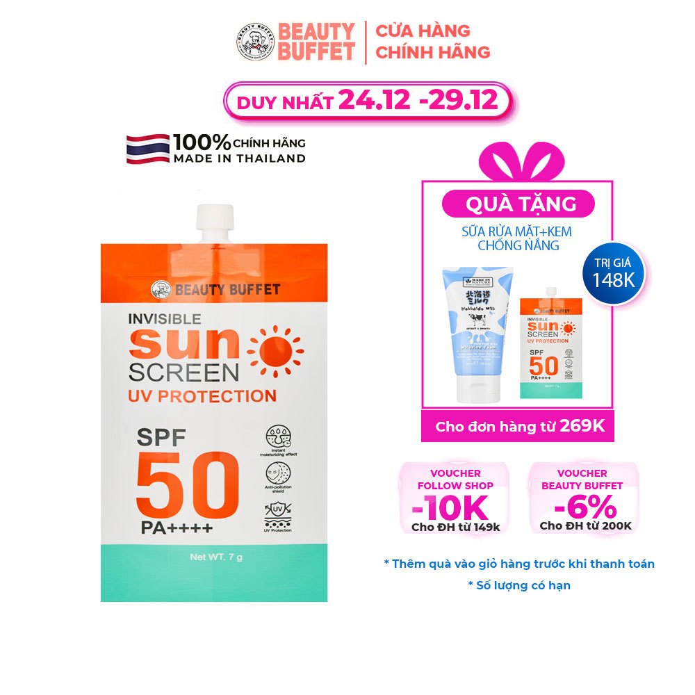 Kem chống nắng cho mặt Beauty Buffet Invisible Sunscreen UV Protection SPF 50 PA++++ 7g