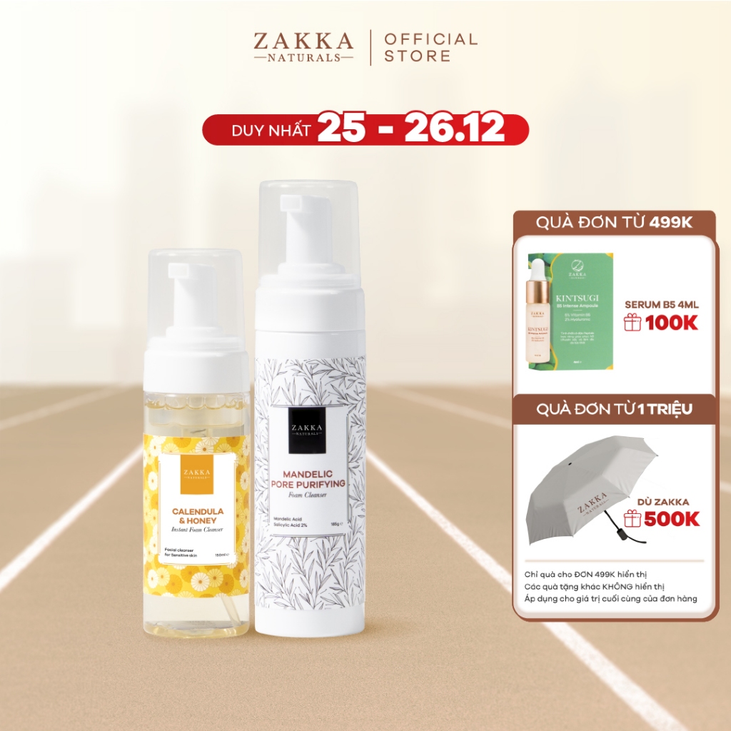 Bộ Đôi Làm Sạch Sáng Êm Dịu, Tối Sạch Sâu Zakka Naturals 15 (Sữa rửa mặt Hoa Cúc và Sữa rửa mặt Mandelic)