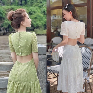 Đầm ren trắng/xanh bơ tay ngắn cut hở eo lưng, váy dài đơn giản dễ thương nhẹ nhàng thời trang tiểu thư đi chơi dạo phố