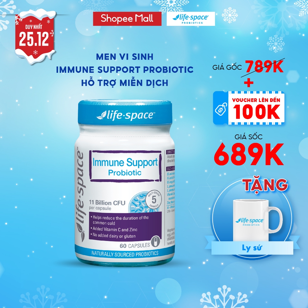 Men vi sinh Life Space Immune Support tăng cường đề kháng, bổ sung lợi khuẩn, vitamin C, kẽm lọ 60 viên