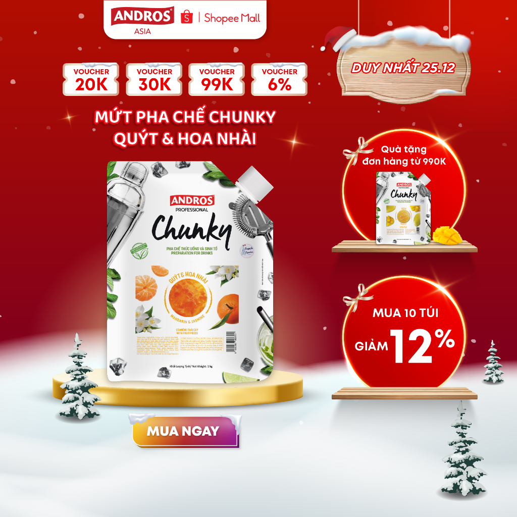 Mứt Trái Cây Pha Chế Quýt & Hoa Nhài - Có miếng trái cây thật - Nguyên liệu pha chế - ANDROS CHUNKY - 1kg