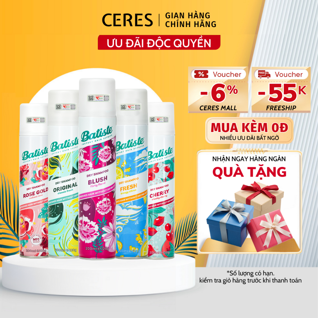 Dầu Gội Khô Đầu Batiste Dưỡng Tóc Xịt Giữ Nếp Phồng Tóc Giảm Rụng Chăm Sóc Tóc Nam Nữ Hết Ngứa Bết Dính Chai 200ml