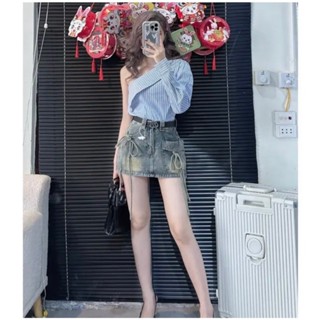 Chân váy Jeans dáng ngắn chữ A buộc nơ- Quần giả váy thắt dây túi trước phong cách Hàn sexy