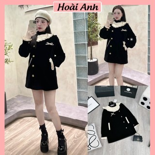 Váy Nhung Đen Phối Cổ Bèo Lệch Trong Lót Gió Túi Hông Đầm Nhung Cứng Dài Tay Cúc Cài Lệch Freesize