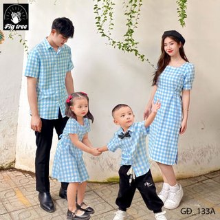 Combo Sơ Mi Váy Gia Đình FIGTREE Caro Xanh Mã 133A Nhã Nhặn