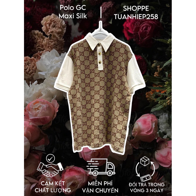 - Polo Gc Maxi Silk - Polo Monogram Phối Kem Trắng - Bản Cao Cấp Chuẩn Hàng QCCC Loại 1
