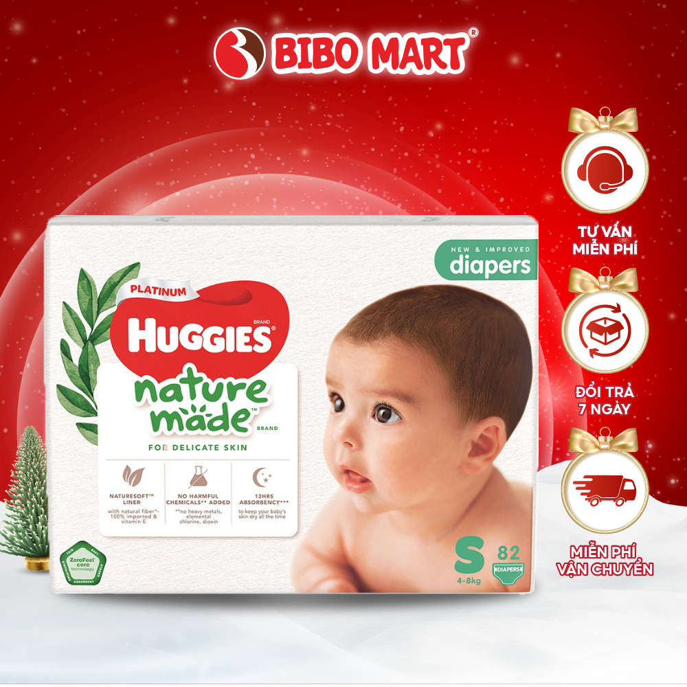 Tã Dán Huggies Platinum Nature Made Thấm Hút Khóa Tràn Vượt Trội Size S 82 Miếng (Cho Bé Từ 4-8kg) - Bibo Mart