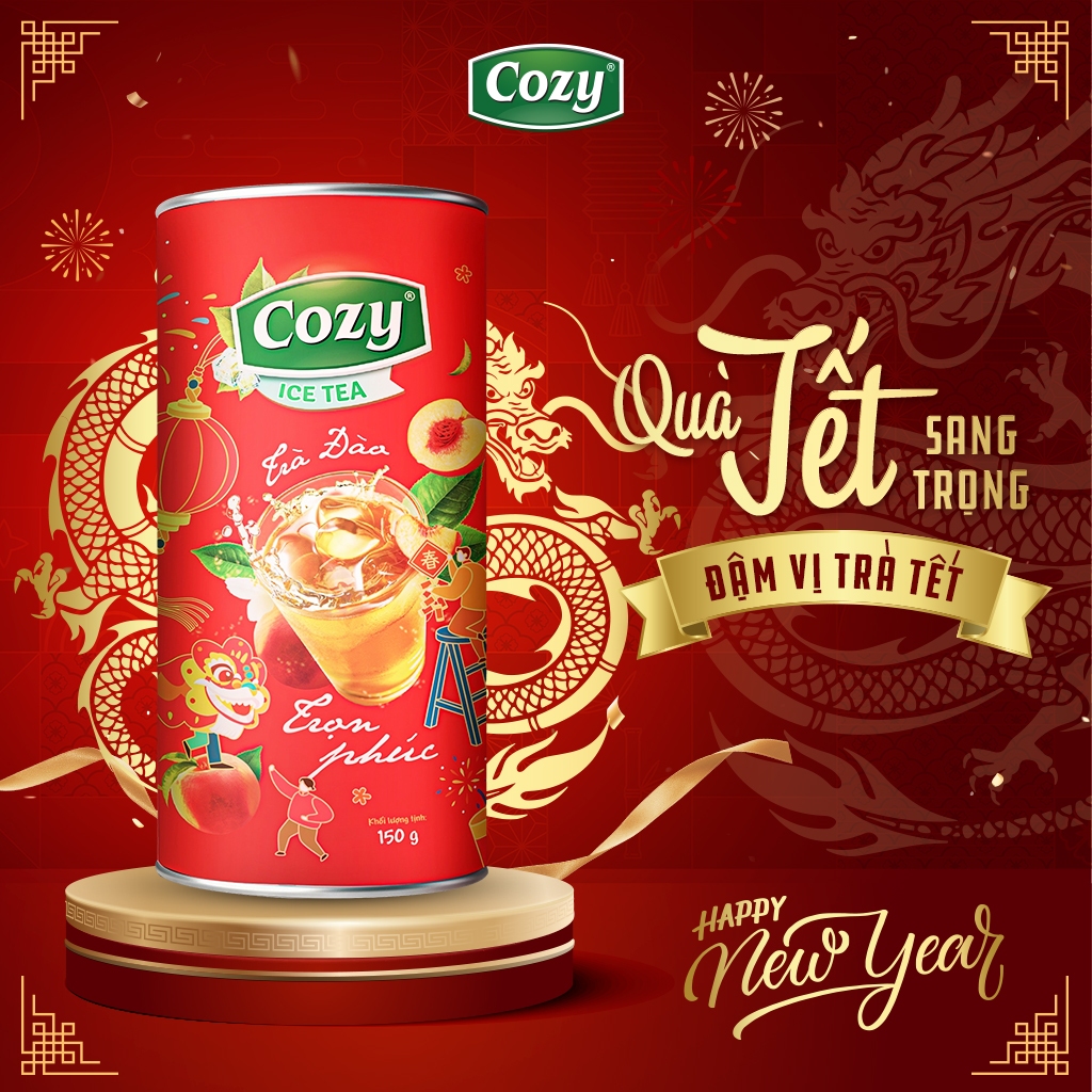 Trà Đào Hòa Tan Hộp Trà Tết COZY Trà Ice Tea Vị Đào Hộp Tết Sang Trọng Tặng Quà Tết Gia Đình 150g