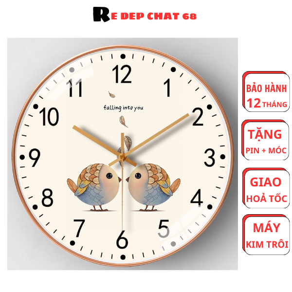 Đồng hồ treo tường kim trôi cao cấp, đồng hồ treo tường hình chú chim hạnh phúc, đồng hồ treo tượng mạ vàng