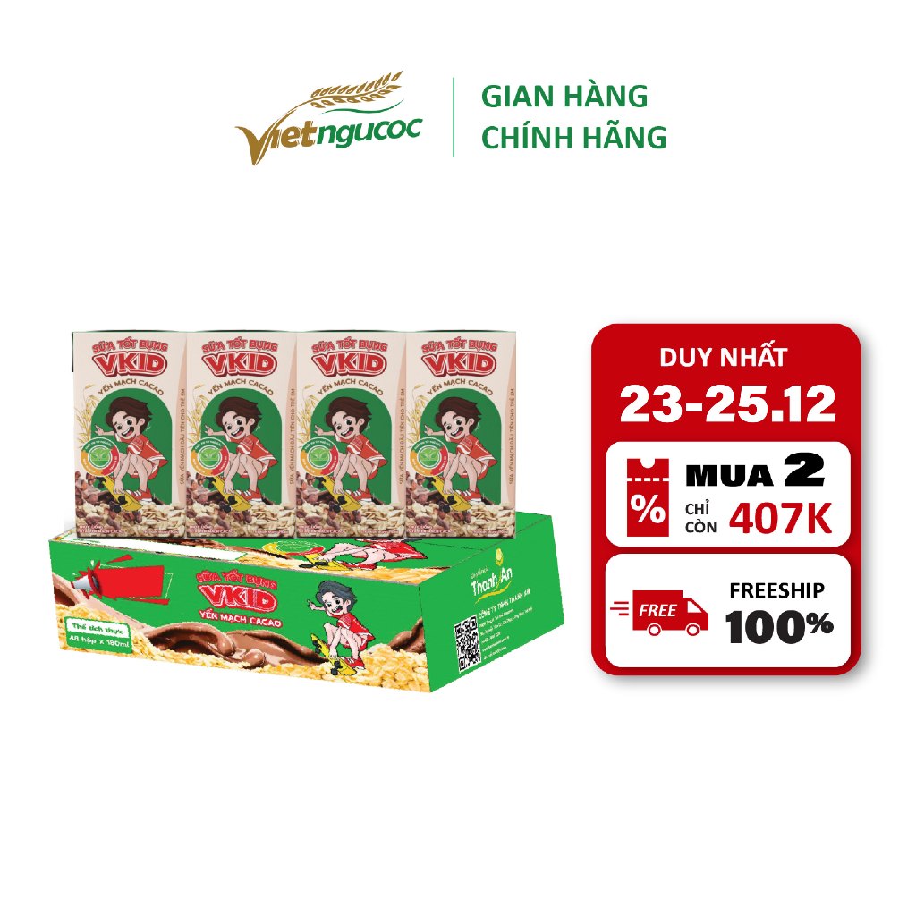 Thùng 48 Hộp Sữa Yến Mạch Vkid VIỆT NGŨ CỐC Cho Bé Thơm Ngon Hương Vị Cacao 110ml/Hộp