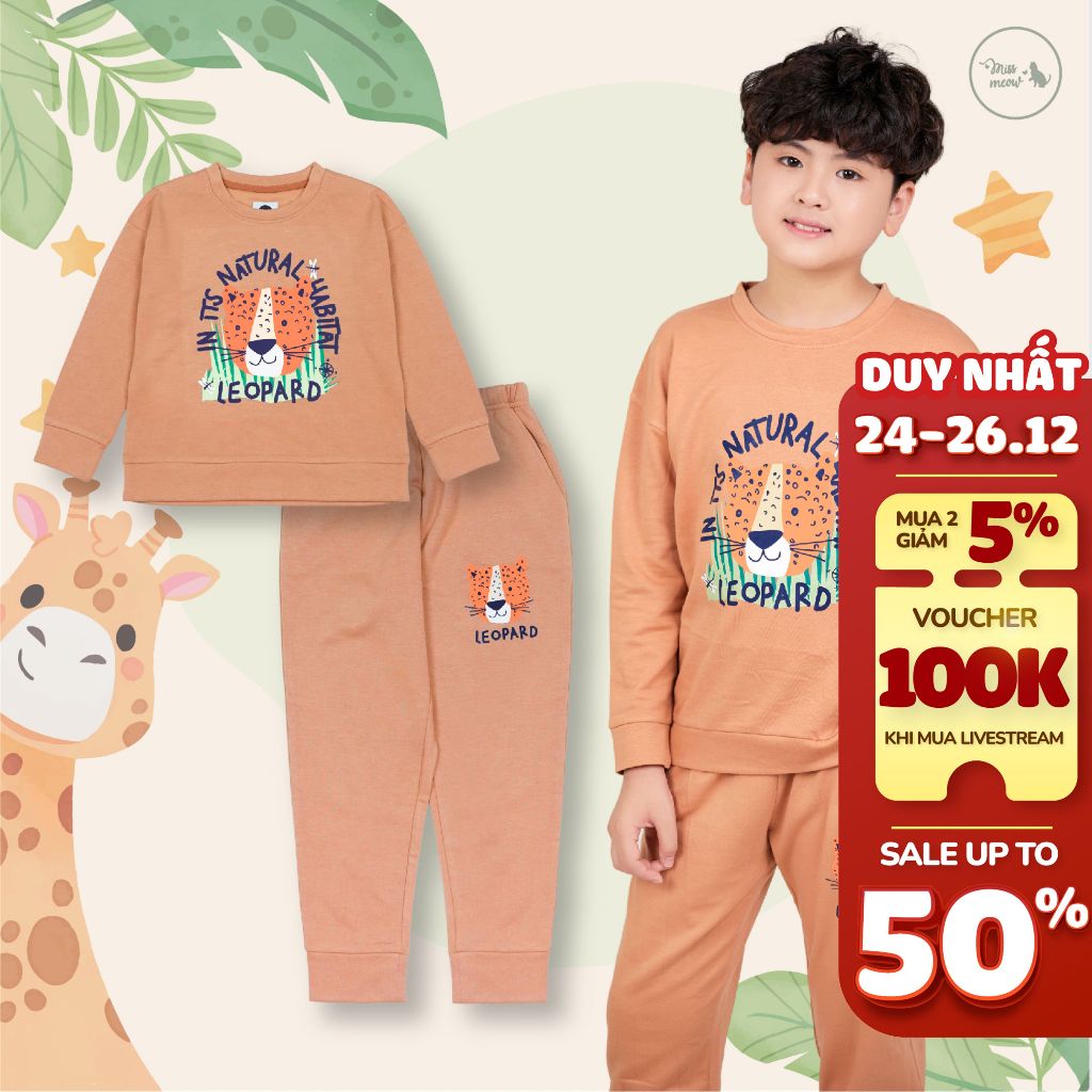 Đồ bộ dài tay cho bé trai bé gái Bigfox Miss Meow mùa thu đông, bộ nỉ cho bé style Hàn Quốc size đại 3-11 tuổi 11-39kg