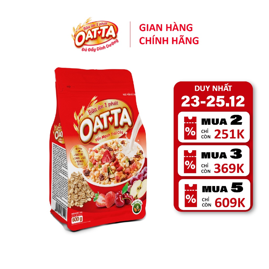 Ngũ Cốc Yến Mạch Trái Cây OATTA Nguyên Cám Thơm Ngon Phù Hợp Cho Người Ăn Kiêng Túi 600g