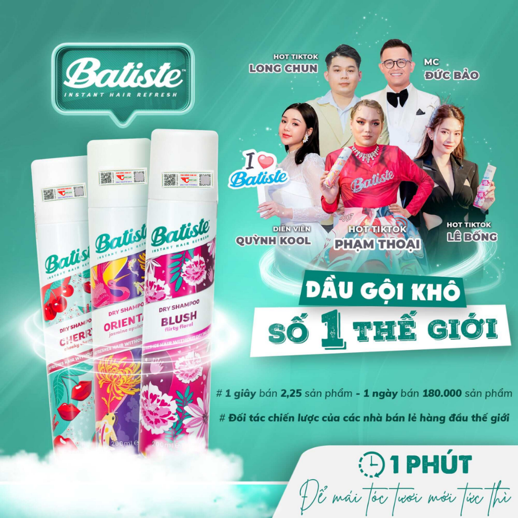 Dầu Gội Khô Đầu Batiste Dưỡng Tóc Xịt Giữ Nếp Phồng Tóc Giảm Rụng Chăm Sóc Tóc Nam Nữ Hết Ngứa Bết Dính Chai 200ml