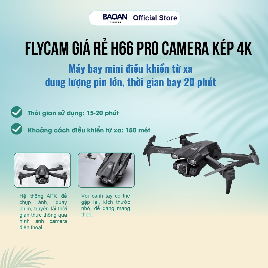 Flycam giá rẻ H66 Pro camera kép 4K, Máy bay mini điều khiển từ xa dung lượng pin lớn, thời gian bay 20 phút