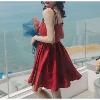 Đầm nhũ xoè buộc nơ vai Speechless vnxk đầm tiệc form A dáng ngắn màu đỏ xuất khẩu dư xịn